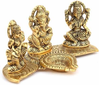 New Design Gold Plated Lakshmi Ganesh Saraswati Idol with Deepak Showpiece- Diwali