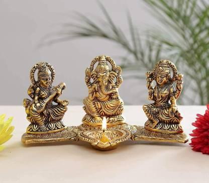 New Design Gold Plated Lakshmi Ganesh Saraswati Idol with Deepak Showpiece- Diwali