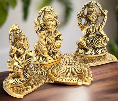 New Design Gold Plated Lakshmi Ganesh Saraswati Idol with Deepak Showpiece- Diwali