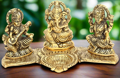 New Design Gold Plated Lakshmi Ganesh Saraswati Idol with Deepak Showpiece- Diwali